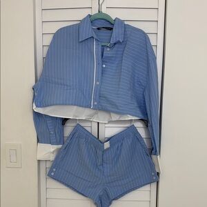 Zara Light Blue Striped Shirt and Shorts Set